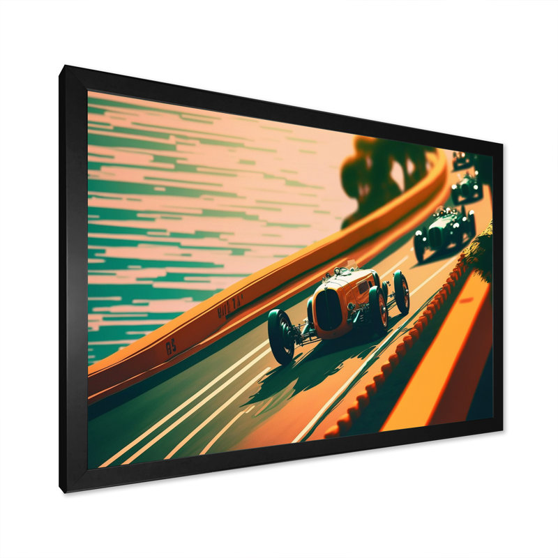 «Retro Race Car In Tropical Street Race II», reproduction sur toile, H 12 po x l 20 po x P 1 po, Toile avec cadre photo noir