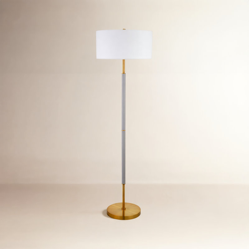 62 Inch Two-Tone Floor Lamp Fabric Drum Shade Cool Gray Brass Contemporary Olie, Cool Gray/Brass