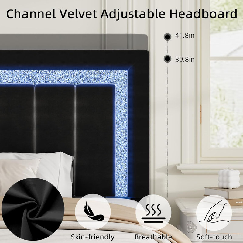 LED-lit and velvet-upholstered bed frame with a modern diamond headboard that is adjustable, Black, Full