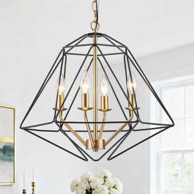 19.29" Modern Geometric Diamond Cage Chandelier, 4-Light Adjustable Black and Gold Pendant Light, Industrial Open Frame Ceiling Fixture for Kitchen Island Dining Room Foyer, ETL Listed