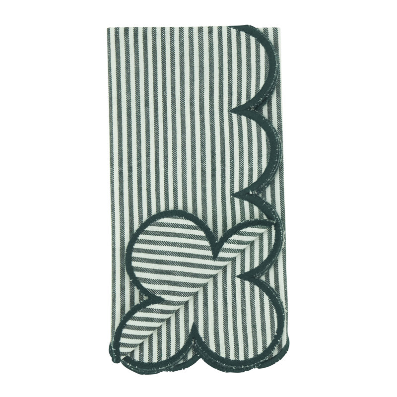 Green Striped Scalloped Cotton Cloth Napkins 20" W X 20" L, Set Of 4, Green