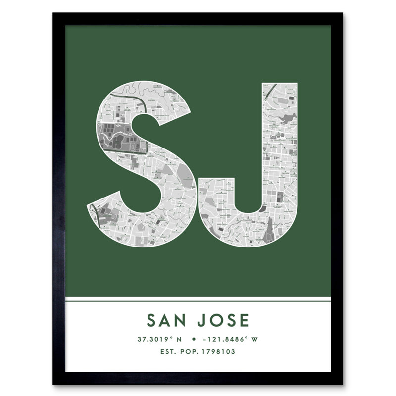 San Jose City Map San Jose Green 1 Piece Single Picture Frame Wall Art