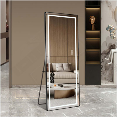 Full-Length Vertical Mirror With LED Light, Illuminated Floor Mirror With Bracket, Dimming Wall Mirror With Full-Length Aluminum Alloy Frame