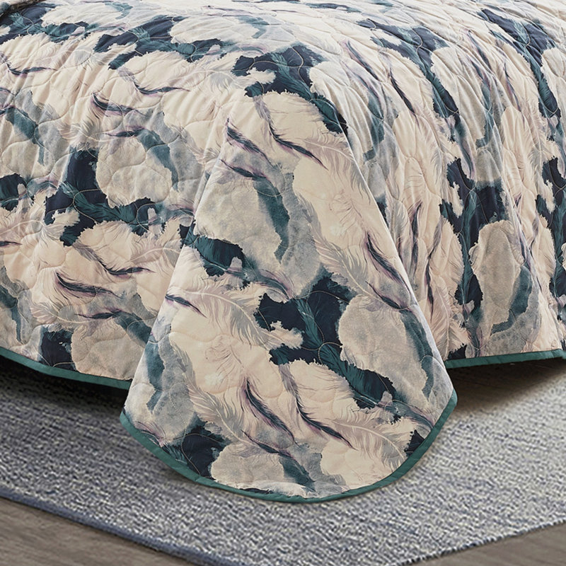 3 Piece Microfiber Bedspread Set With Reversible Blue And Beige Leaf Print,King, King, Blue