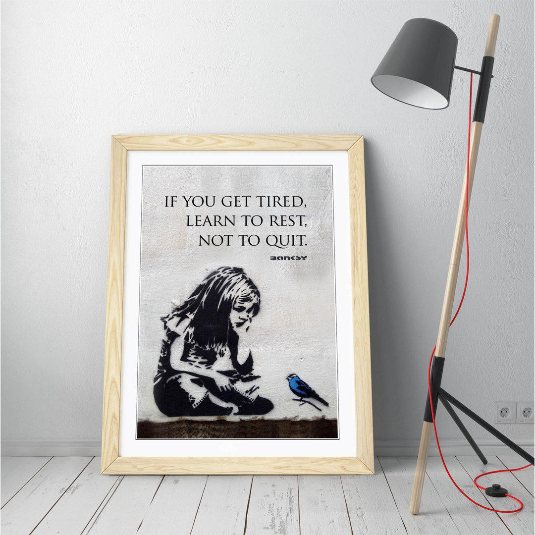 Banksy Girl Blue Bird Quote Learn To Rest  Framed Wall Art Picture Print - A2 - Black Frame