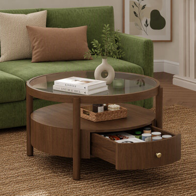 Table basse ronde en bois massif avec plateau de rangement en verre massif, table de centre circulaire moderne Mid-Century à 2 niveaux, table basse en bois de noyer pour le salon
