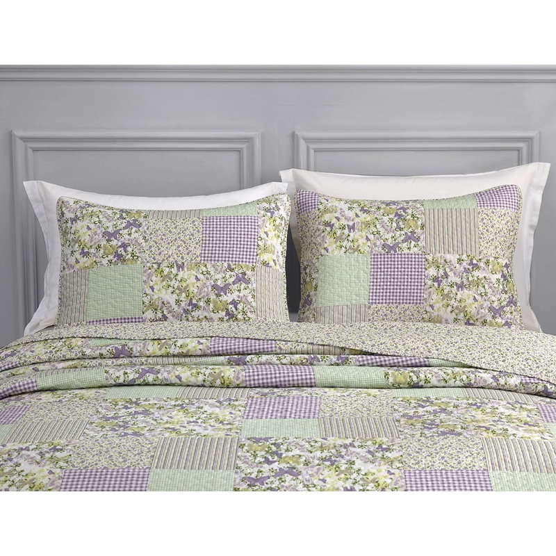 Pre-Washed Purple/Green/White Microfiber Reversible Quilt Set, Full / Double + 2 Standard Shams
