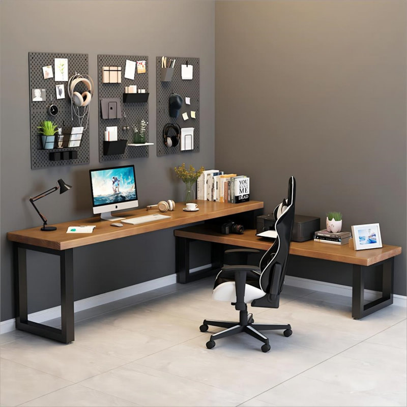 Bureau de direction brun en bois massif en forme de L, H 29,53 po x l 47,24 po x P 39,37 po
