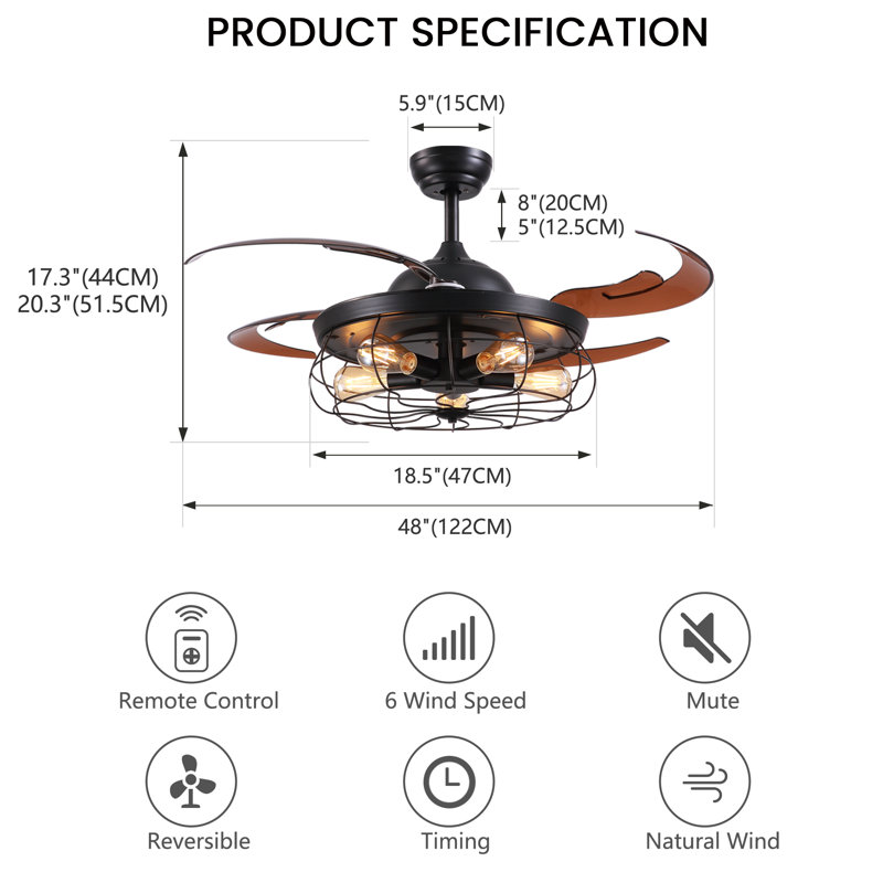 Ventilateur de plafond 48 po à pales rétractables avec lumière et télécommande, 48"