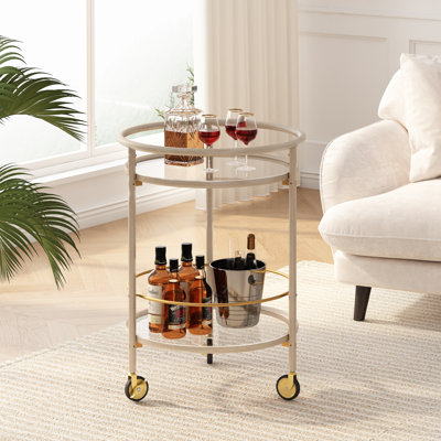 Luna Modern Round Bar Cart With Tempered Glass Shelves And Metal Accents by NFusion