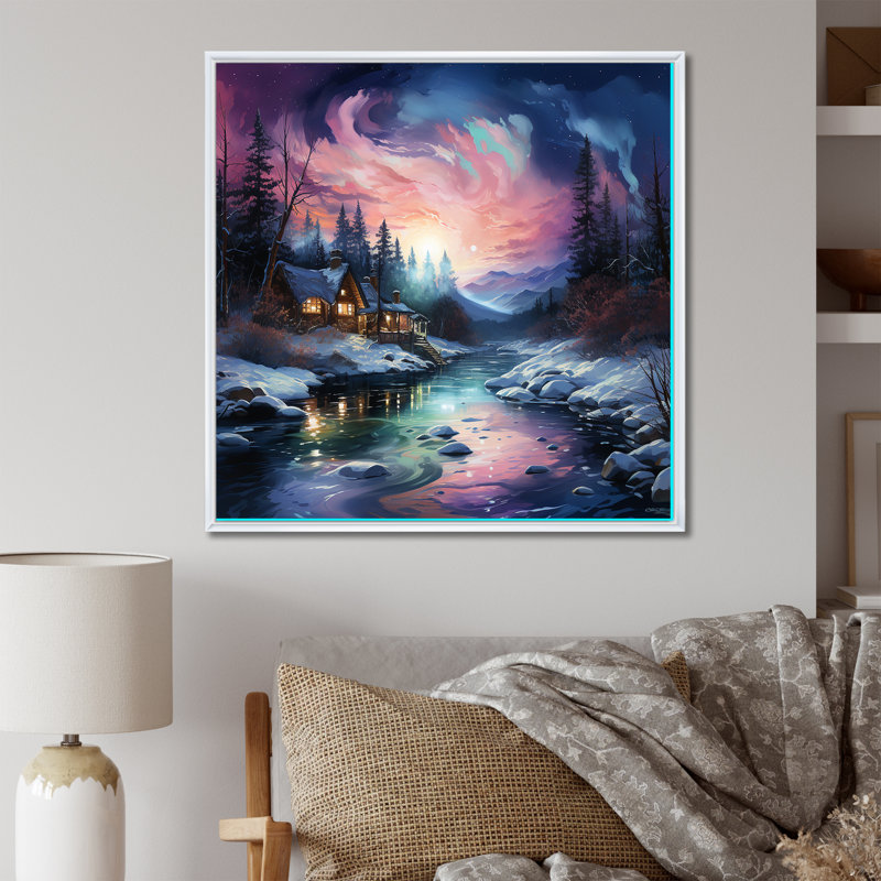 Aurore boréale, paysage d'hiver, H 24 po x l 24 po x P 1 po, Cadre flottant blanc