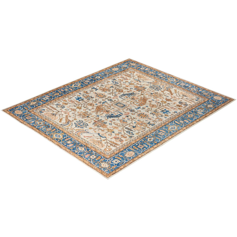 Tapis unique noué à la main Raffin - ivoire 8 pi 1 po x 9 pi 9 po Raffin