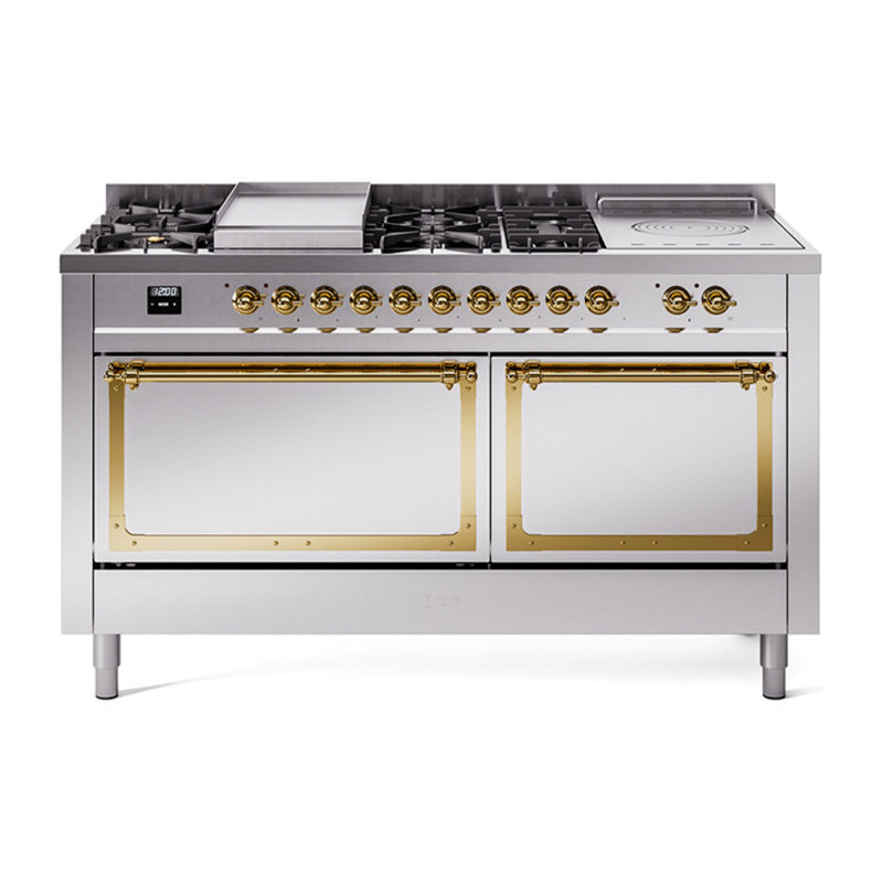 Cuisinière à double combustible ILVE Nostalgie II Series 60 po avec 7 brûleurs scellés, plaque de cuisson et table française (propane liquide, porte pleine)