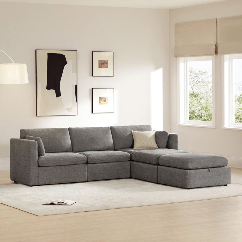 Winfree 112.6" W 5-Piece Modular Sectional with Ottomans, Fossil Gray Linen Blend