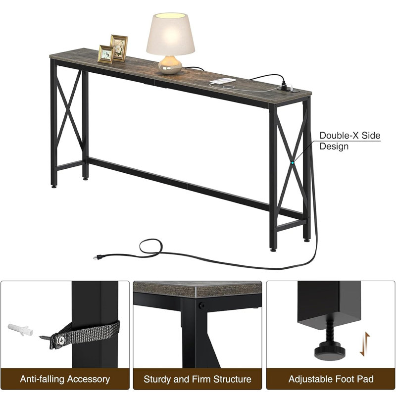 Console Table with Power Outlet, Narrow Sofa Table, Farmhouse Table Behind Sofa Couch, 31.5" H x 70.8" W x 11.8" D, Grey