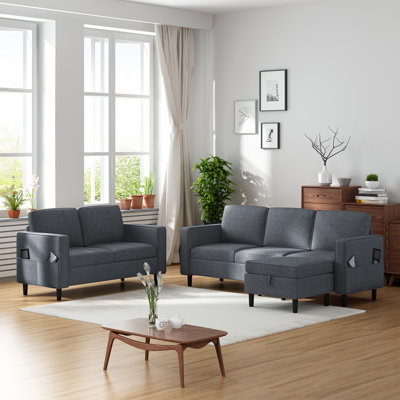 Ensemble de canapé modulaire en lin 3 + 2 avec repose-pieds et poches
