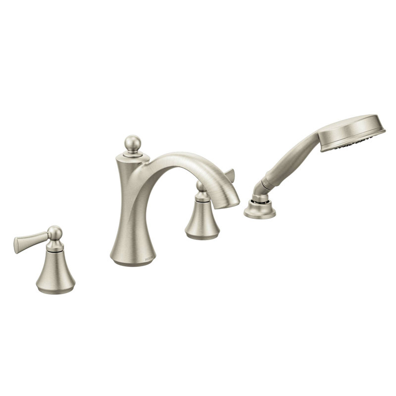 Wynford Double Handle Deck Mounted Roman Tub Faucet Trim with Diverter and Handshower, Brushed Nickel