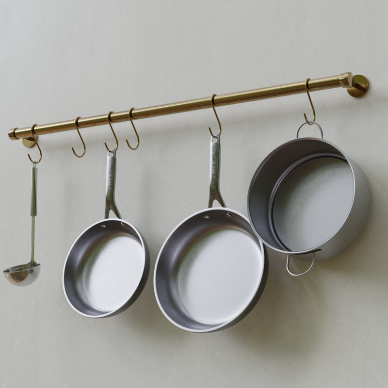 Support à casseroles mural en laiton, Laiton poli, H 3,94 po x l 19,38 po x P 2,87 po