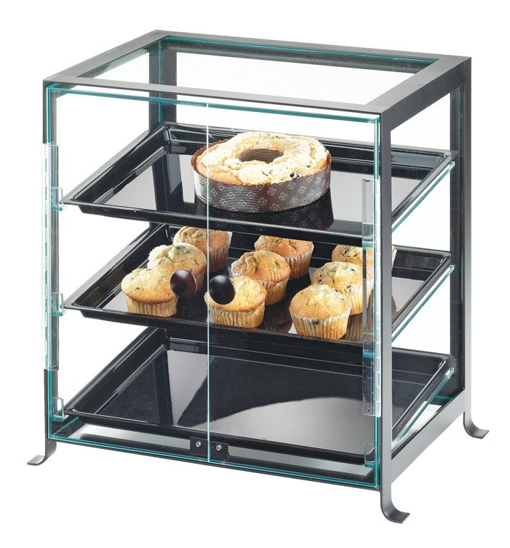 Soho Three Tier Display Case with Rear Doors, Black, 20.75" H x 21.25" W x 15.75" D