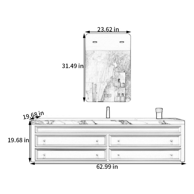 Armoire de salle de bain moderne française, H 19,68 po x l 62,99 po x P 19,68 po