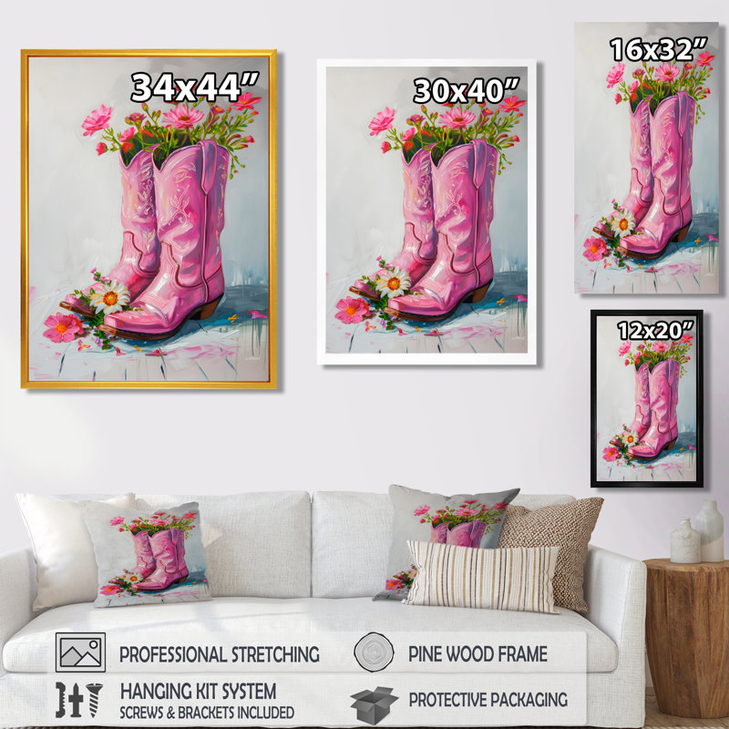 Fleurs roses, bottes de cow-boy, H 20 po x l 12 po x P 1 po, Toile encadrée noire simple