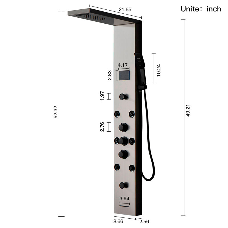 Système de panneau de tour de douche à inverseur 6 voies avec pomme de douche à pluie, baguette de douche et lumière DEL en nickel noir