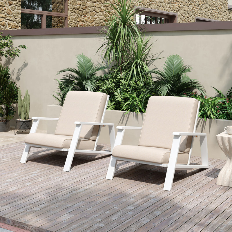 Isham Acacia Outdoor Lounge Chair, Beige PolyCD Cushion/White Frame