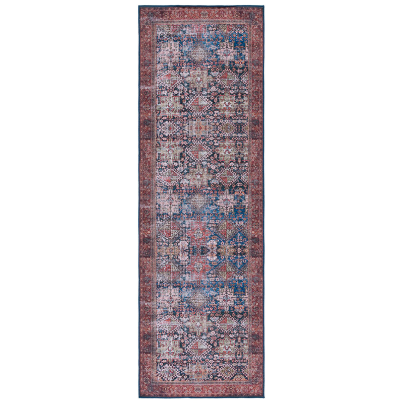 Navy and Rust Machine Washable Oriental Runner Rug