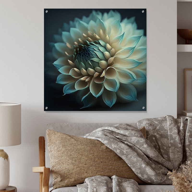 Bleu et blanc fleurs de dahlia V - art mural acrylique Dahlia, H 36 po x l 36 po