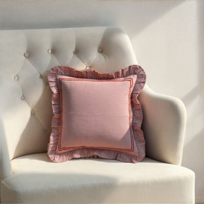 Cotton And Linen Pillow With Embroidered Stripes And Ruffle, Pink And Coral,