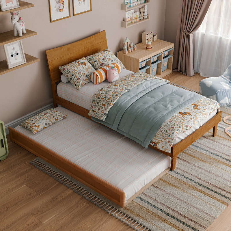 Phoenix Wood Platform Bed with Trundle, Light Toffee, Twin