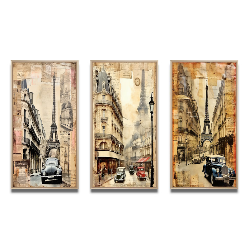 «Paris Nostalgia Vintage Collage III», 3 pièces, Cadre naturel flottant, H 20 po x l 36 po
