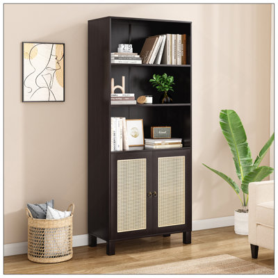 Tall Bookcase with Rattan Doors,5 Tier Storage Wood Shelves Large Bookshelf for Library Living Room Bedroom Home Office,Black