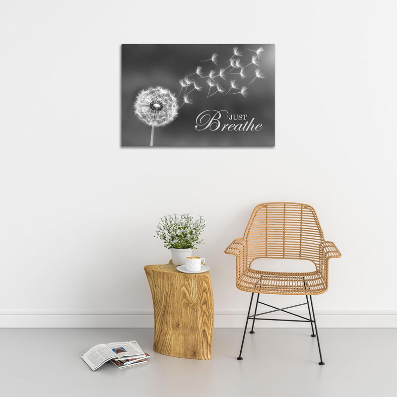 Black and White Dandelion Zen Wall Art Canvas Just Breathe Motivation Positive Picture Art Print for Spa Yoga Meditation Wall Decor Ready to Hang (12L x 16W)
