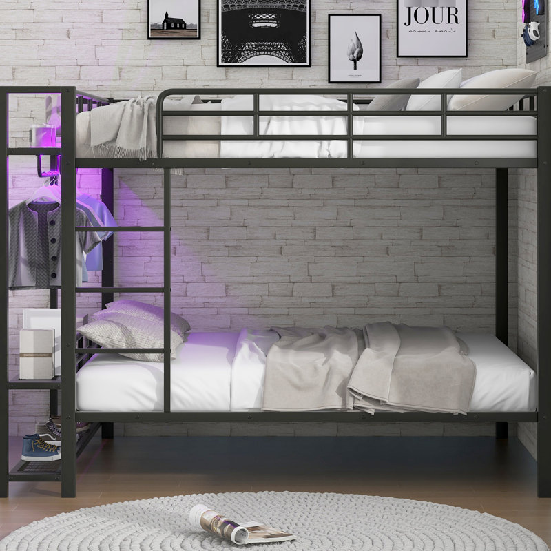 Full Size Metal Bunk Bed With 7 - Colour Led , 3 Mesh Shelves, And 2 Clothes Hooks, For Multiple Users Black Featuring Storage Space Saving