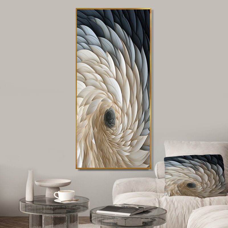 Plume blanche et bleue en spirale I - art mural géométrique, Cadre flottant doré, H 60 po x l 28 po x P 1,5 po