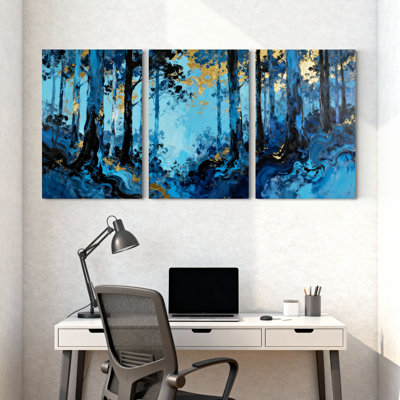 «Abstract Blue Forest Trees», ensemble de 3 reproductions d'art sur toile