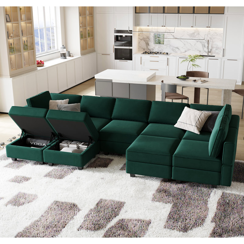 Wylodene 9-Piece Reversible Modular and Standard Velvet Sectional with Storage , Green Velvet