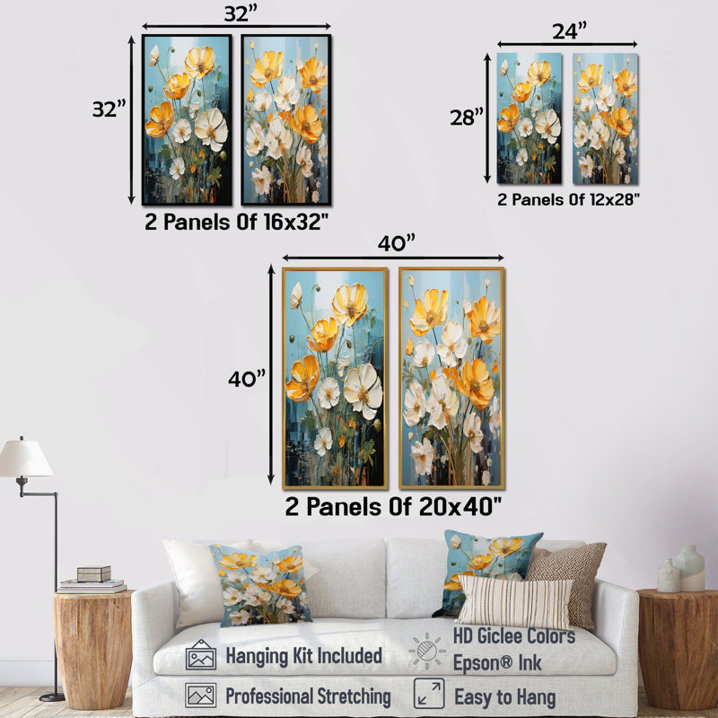 Yellow And White Buttercups Neon Sunshine - Buttercups Wall Art Living Room Set Of 2, 28" H x 25" W, Black Floater Framed