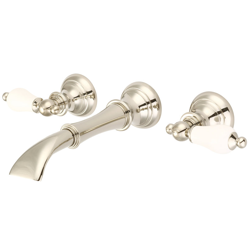 Robinet pour salle de bain mural cascade, Nickel brossé, Levier en porcelaine avec écriteaux