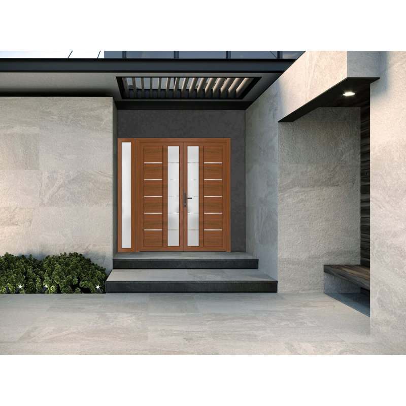 Portes d'entrée extérieures prémontées en PVC-U métal-plastique MANUX 8088, couleur noyer, avec imposte latérale et fenêtre. Convient aux bureaux, aux commerces et aux habitations. Entrée, patio, garage, 84 x 80 pouces.