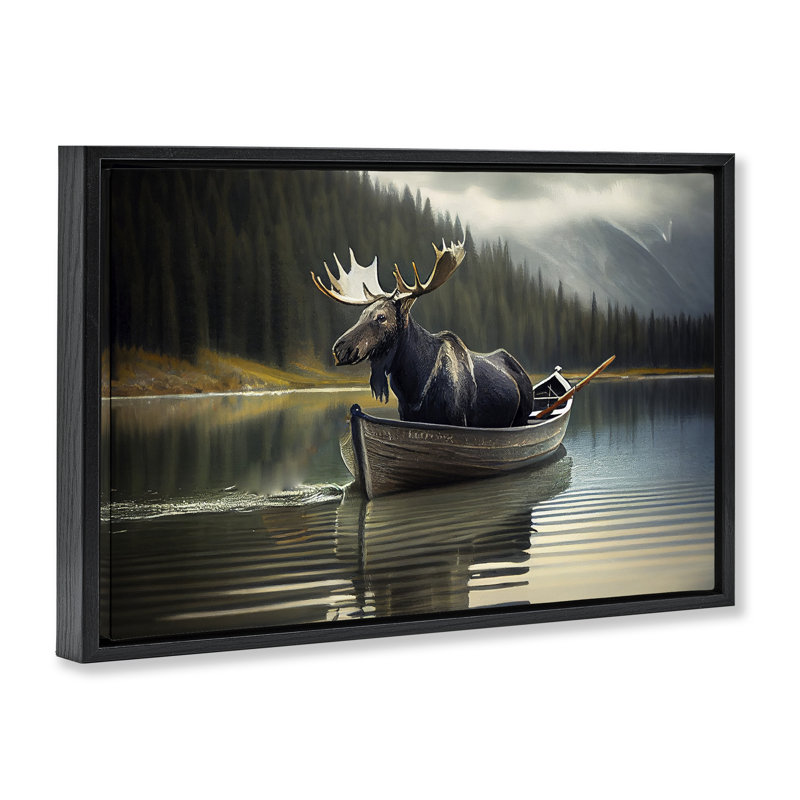 Cadre flottant «Moose in Canoe Tranquility», design par Sasha, Cadre flottant noir de jais, H 17 po x l 25 po