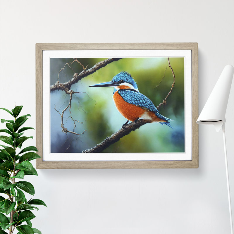 An Effervescent Kingfisher Bird - Framed Print, Oak, 46cm H x 64cm W x 2cm D