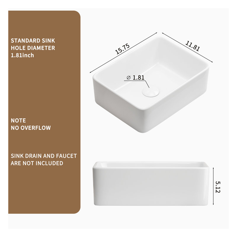 16"x12" Rectangular Bathroom Vessel Sink, White Ceramic Above Counter Lavatory Art Basin, Modern Small Bowl Vanity Sink with Easy Installation