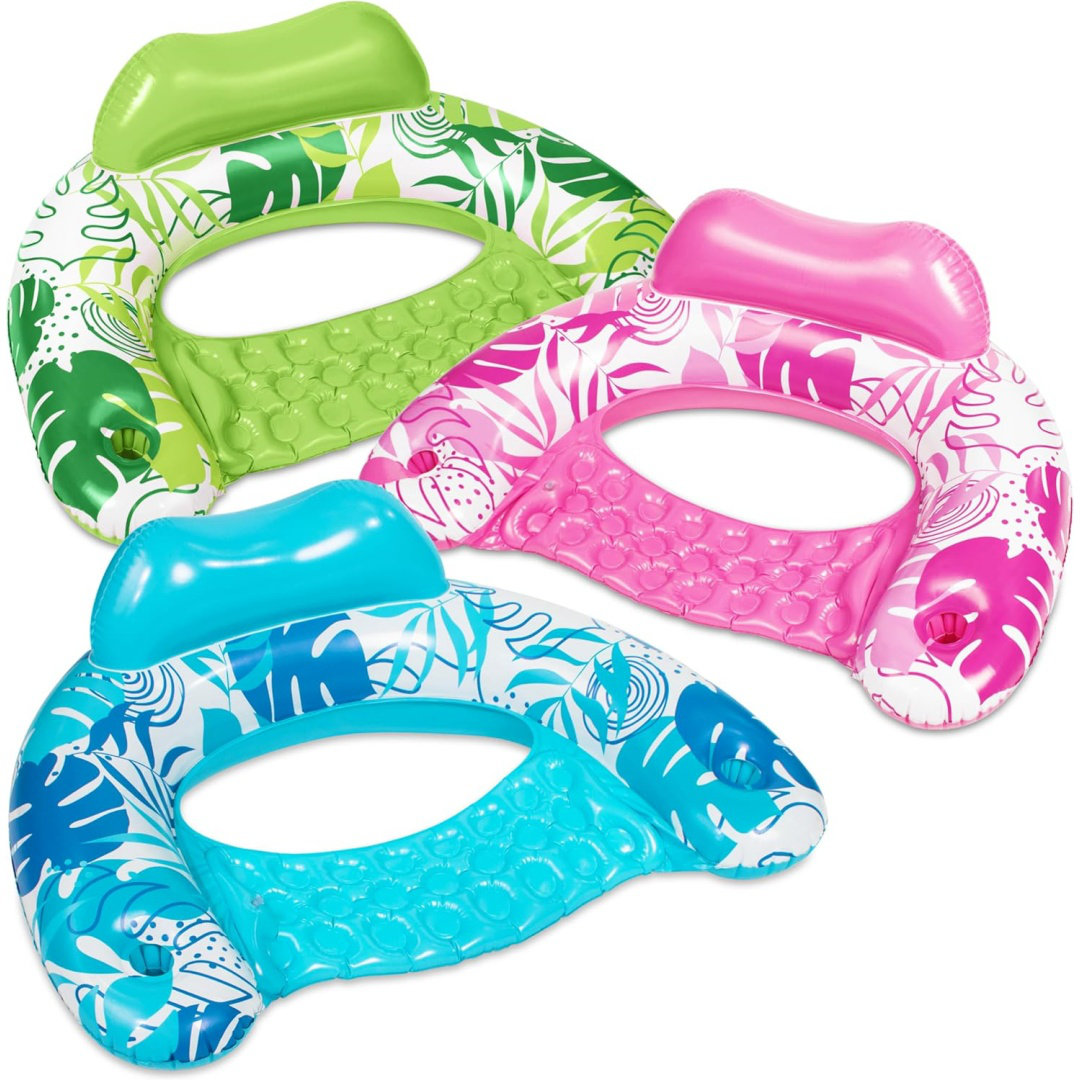 thumbnail interactive-video image 1 of WELIN 3 Pack Inflatable Pool Lounge Chairs With Cup Holders - Thick PVC Floaties For Adults & Family 1 of 11