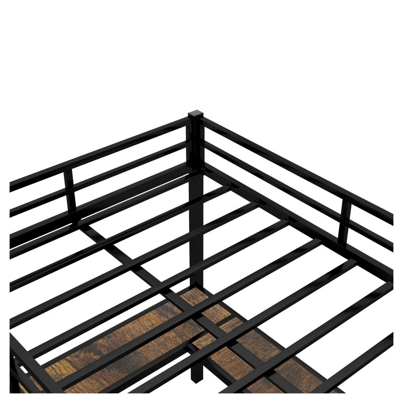 Lit mezzanine double en métal double avec bureau et tablettes en L, cadre de lit superposé de jeu robuste pour la chambre à coucher