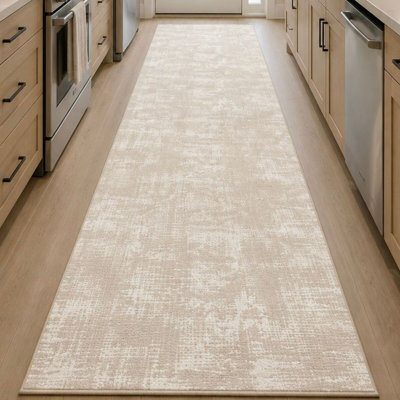 Tapis Duzce beige à rayures, motif moderne, lavable à la machine, antidérapant, pour salon et couloir.