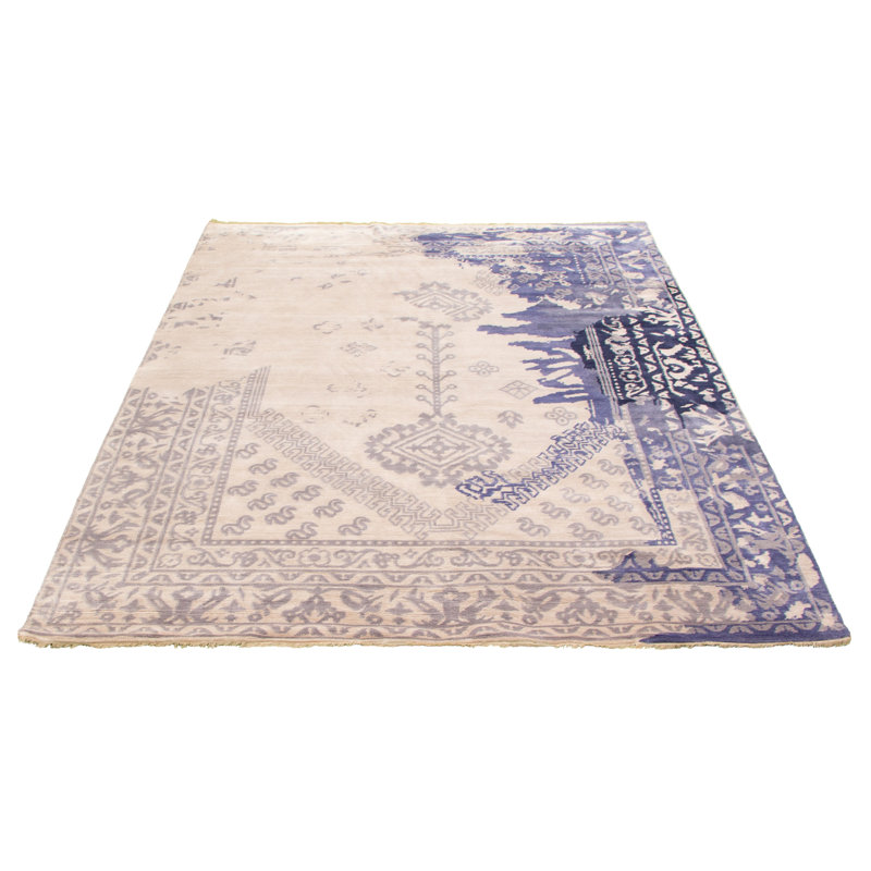 Tapis décoratif en viscose Ivoire/bleu/gris clair de conception unique 7 pi 11 po x 9 pi 11 po noué à la main New Age