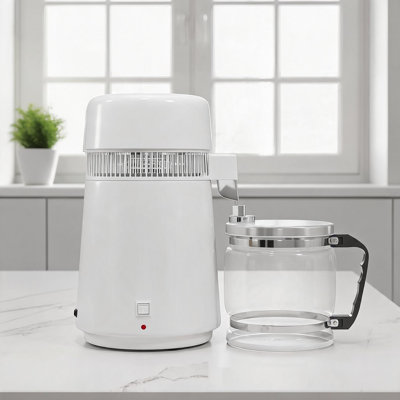 Distillateur d'eau de comptoir efficace de 750 W, purificateur d'eau domestique en acier inoxydable de 4 L avec pot en verre, arrêt automatique de la surchauffe, blanc
