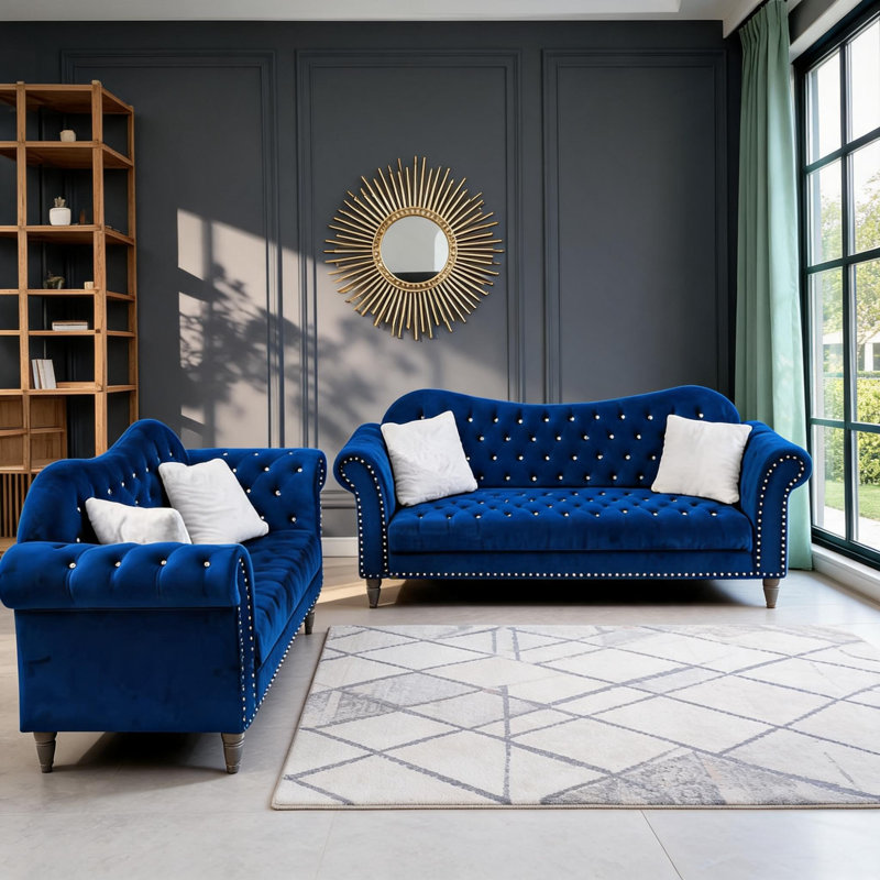 Ensemble de canapés chesterfield 2 pièces, Bleu